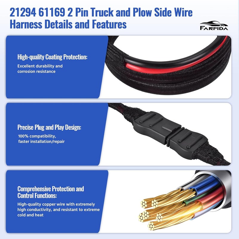 Farpida 21294 61169 2-Pin Battery Cable Truck and Plow Side Fit for Western Fisher Snow Plows Power Cable Wire Harness with Dust Cover Replace 8274 - Image 5